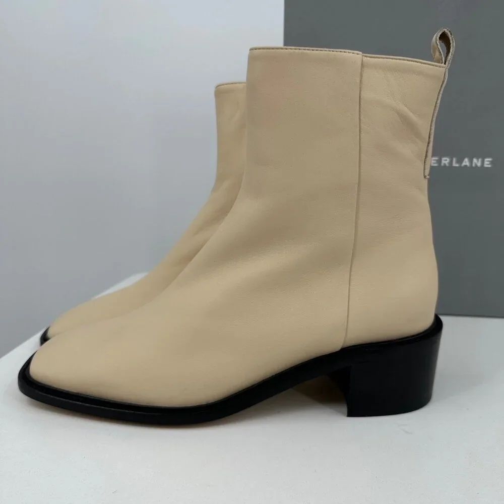 Everlane The City Boot in Cream Leather 9.5 Women's Side Zip Block Heel Ankle